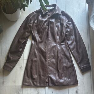 Revolve SOUVERE Sway Shirt Dress - Brown faux leather long sleeve // Size Small